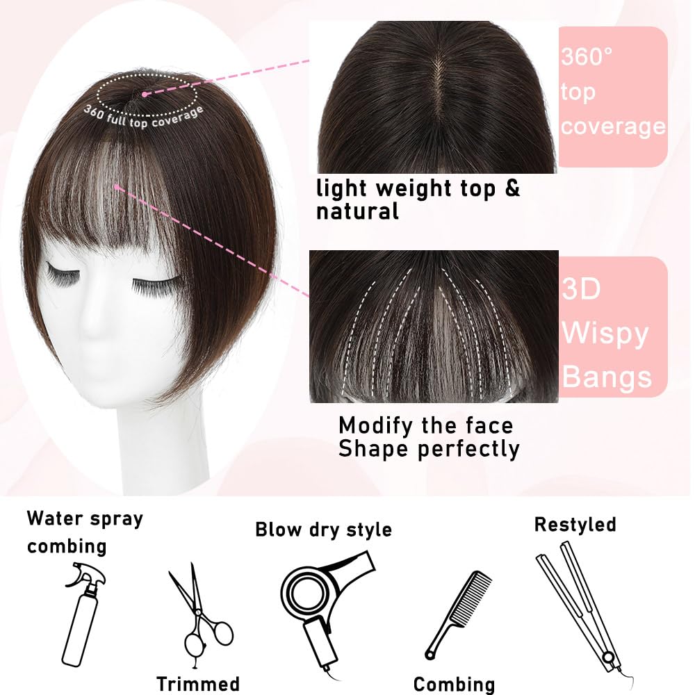 Toppers for Women Real Human Hair, 3D Human Hair Toppers for Women with Thinning Hair 165% Density Middle Part Clip in Bangs Toppers Hair Pieces (Dark Brown, Wispy Bangs) - Image 4