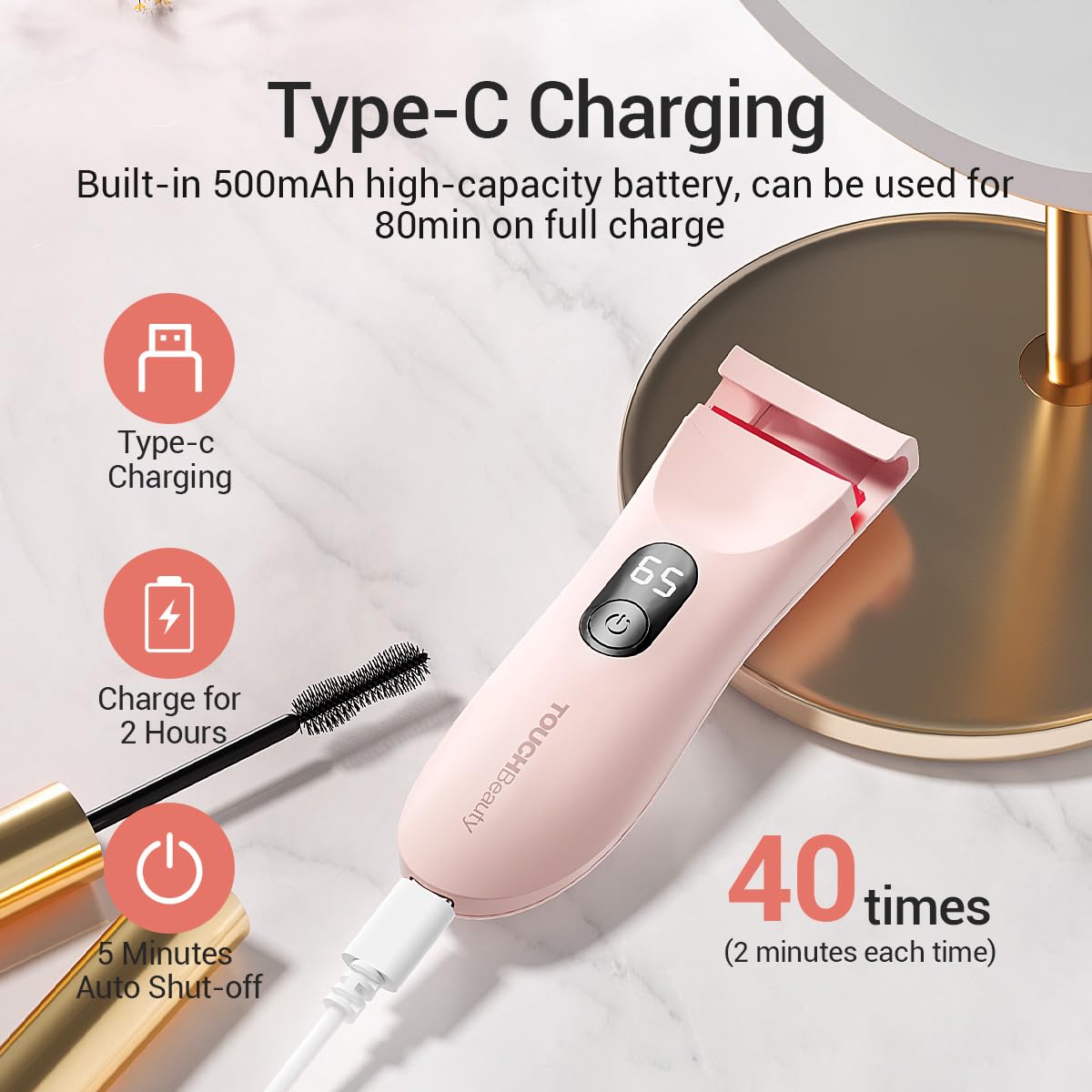 TOUCHBeauty Rechargeable Heated Eyelash Curler with LED Display, Featuring 3-Level Adjustable Temperature for a Natural, Long-Lasting Curl (Up to 24 Hours) AG-2316-Pink - Image 6