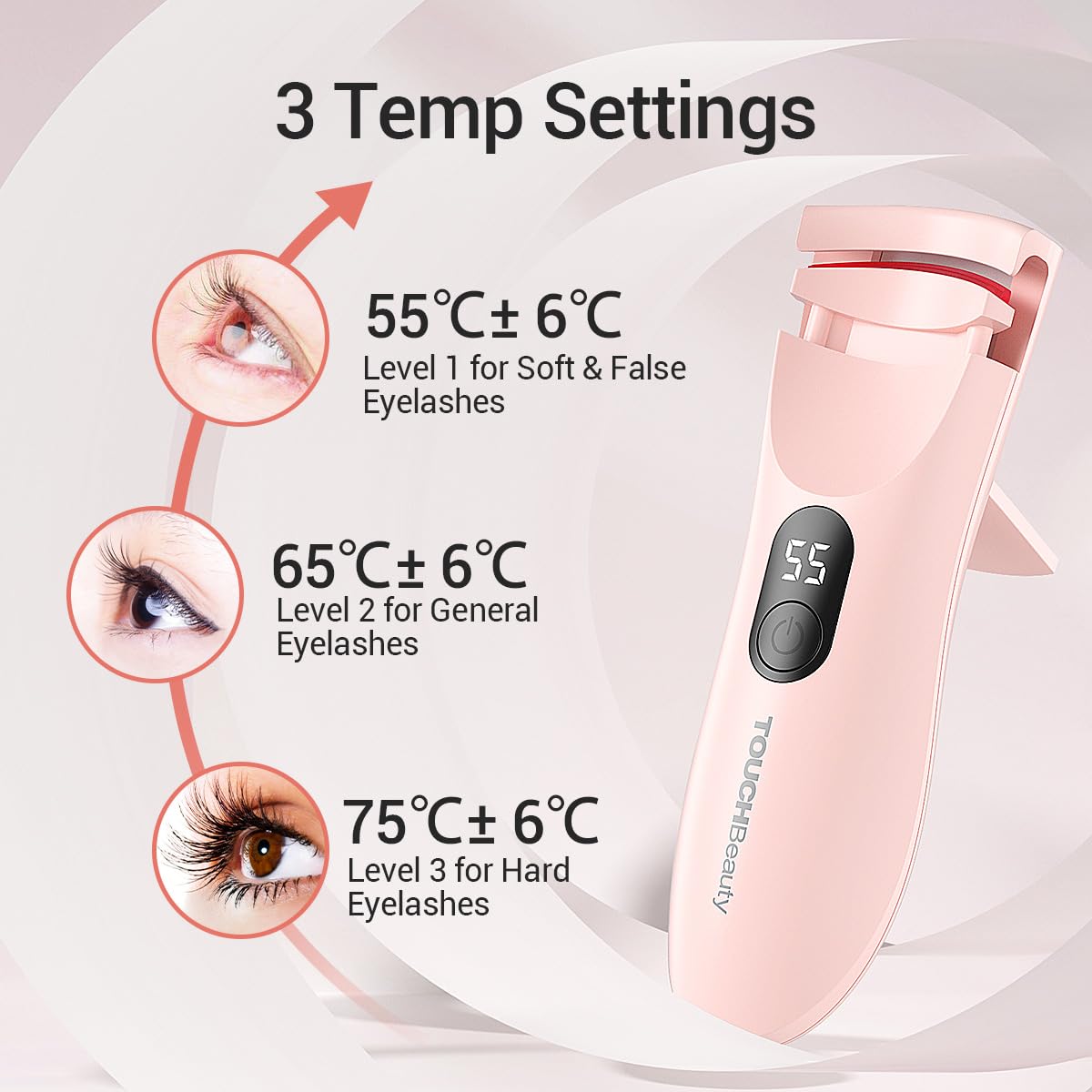 TOUCHBeauty Rechargeable Heated Eyelash Curler with LED Display, Featuring 3-Level Adjustable Temperature for a Natural, Long-Lasting Curl (Up to 24 Hours) AG-2316-Pink - Image 3