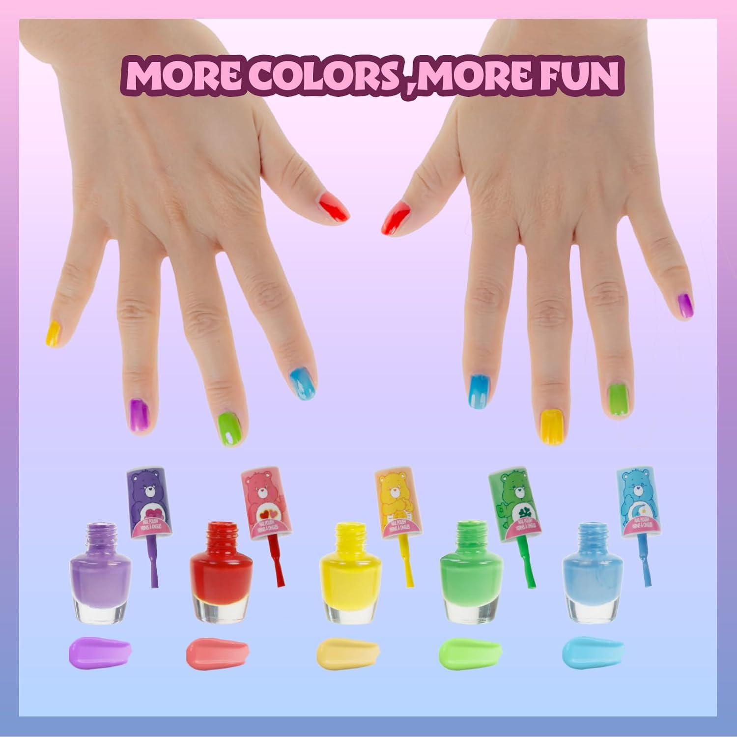 Townley Girl Care Bears 8 Piece Tie-Dye Kids Nail Polish Set | Non-toxic & Quick Dry Nail Polish with Nail Stickers | Birthday Gifts for Ages 3 - Image 6