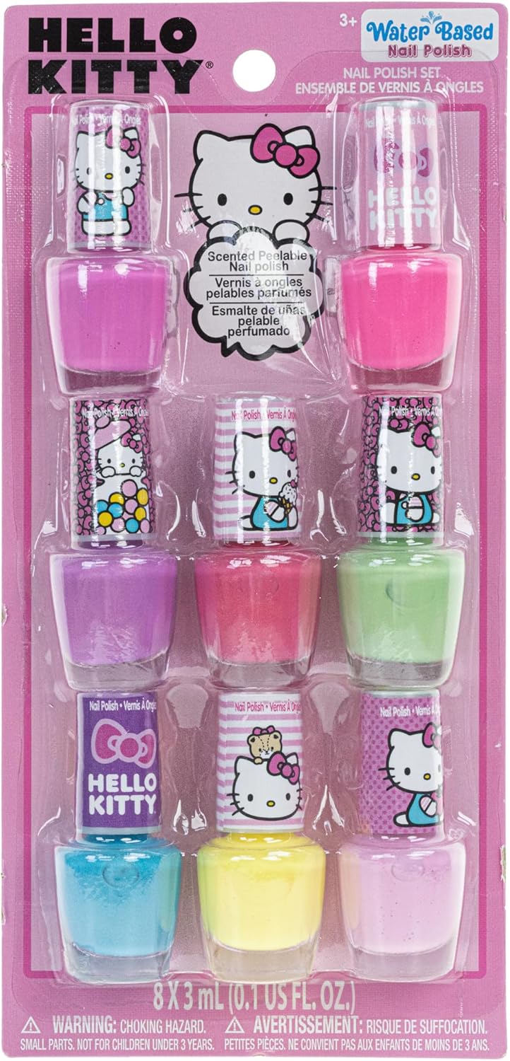 Townley Girl Hello Kitty 8 Pack Nail Polish,Water-Based, Non-Toxic, Peel-Off Set Girls Kids Ages 3+, Perfect for Parties, Sleepovers & Makeovers