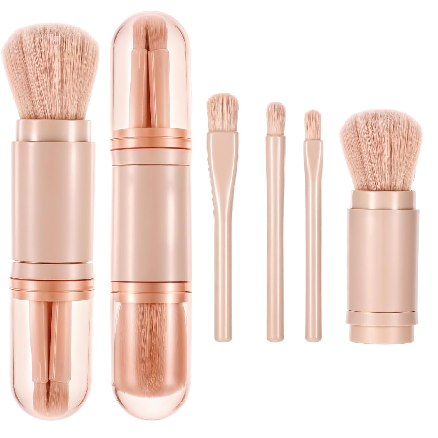 Travel Makeup Brush Set, 4 in 1 Mini Makeup Brushes Cute Retractable Make Up Brushes Portable Travel Size All-in-One Foundation Blending Powder Eye Shadow Brush Kit for Women Facial Cosmetics