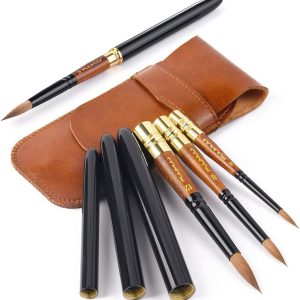 Travel Watercolor Brushes, Fuumuui 3Pcs Plein Air Elegant Sable Water Color Brushes with Pocket Size Leather Pouch Perfect for Watercolor Gouache Ink Painting