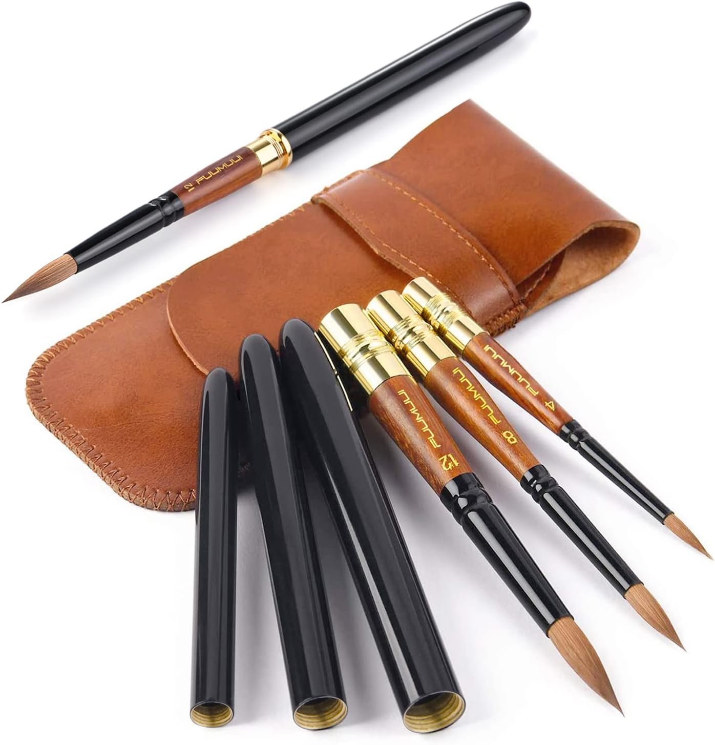Travel Watercolor Brushes, Fuumuui 3Pcs Plein Air Elegant Sable Water Color Brushes with Pocket Size Leather Pouch Perfect for Watercolor Gouache Ink Painting