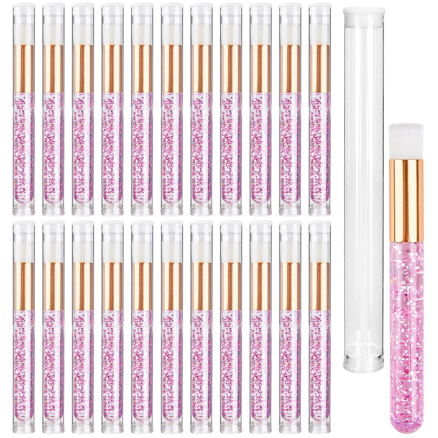 TUZAZO 40 Pieces Pink Lash Shampoo Brushes Set - 20pcs Glitter Crystal Eyelash Extension Cleanser Brush with 20pcs Plastic Travel Tube - Nose Pore Deep Cleaning Brush for Facial Cleansing