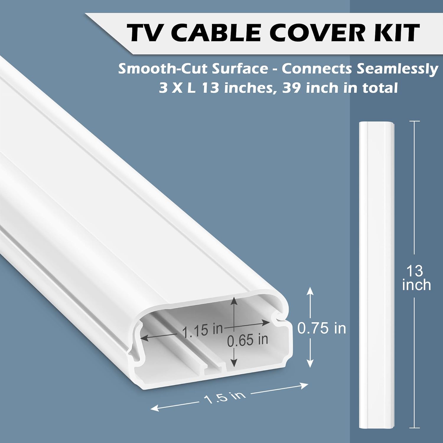 TV Cord Hider - 39in(3xL13in) Cord Covers for Wall Mounted TV Cable Hider Wall Kit | Wire Hiders for TV on Wall, Wire Covers for Cords, Cable Concealer Hide Cords, 1.5" W x 0.75" H, White - Image 2