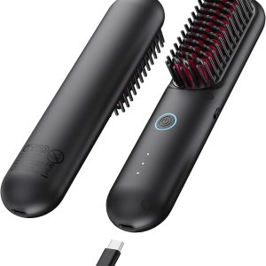 TYMO Cordless Hair Straightener Brush - Upgrade Porta ECO Portable Straightening Brush for Travel, Mini Hot Straightening Comb for Women, Ceramic Coating, Lightweight for Touch-ups,Anti-Scald, Black