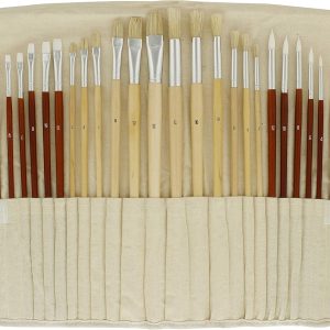 U.S. Art Supply 24-Piece Oil & Acrylic Artist Paint Brush Set with Long Handles, Canvas Brush Organizer Holder Roll-Up - Round, Flat Tips, Use for Painting Portraits, Canvas, Paper - Students, Adults