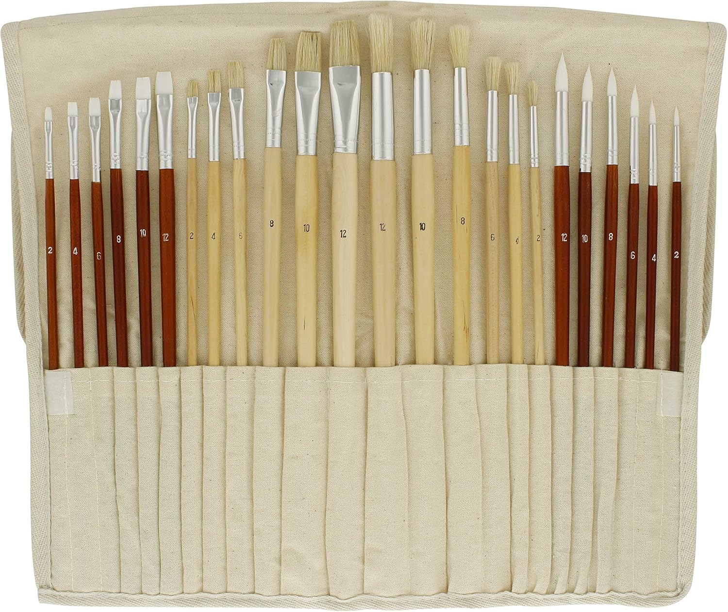 U.S. Art Supply 24-Piece Oil & Acrylic Artist Paint Brush Set with Long Handles, Canvas Brush Organizer Holder Roll-Up - Round, Flat Tips, Use for Painting Portraits, Canvas, Paper - Students, Adults