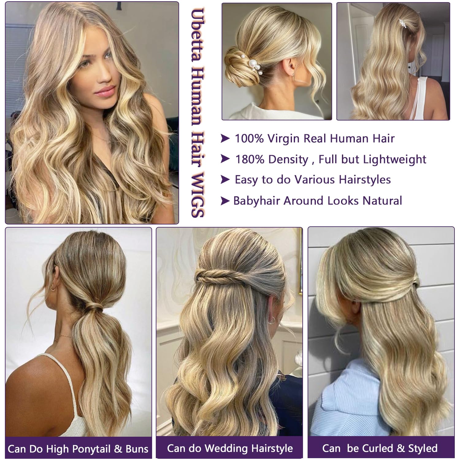 Ubetta 28 Inch Ash Brown to Ash Blonde Balayage Ombre HD Glueless Human Hair Wig 180% Density - Image 6