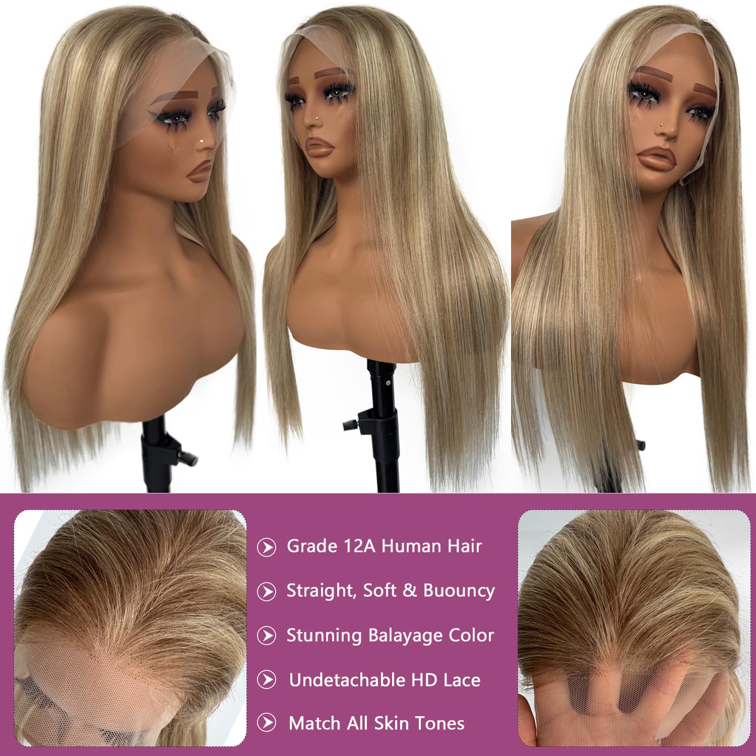 Ubetta 28 Inch Ash Brown to Ash Blonde Balayage Ombre HD Glueless Human Hair Wig 180% Density - Image 4