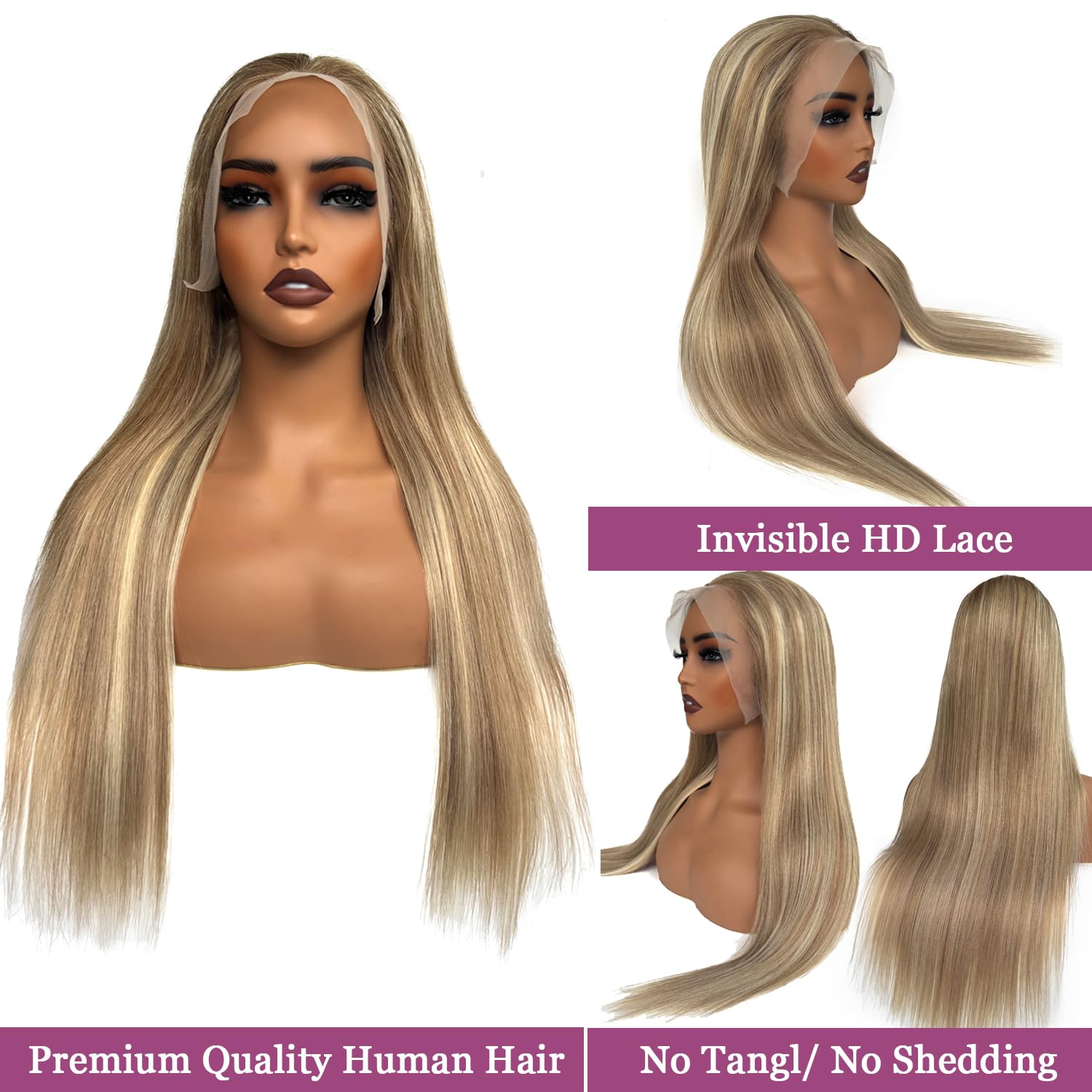 Ubetta 28 Inch Ash Brown to Ash Blonde Balayage Ombre HD Glueless Human Hair Wig 180% Density - Image 2