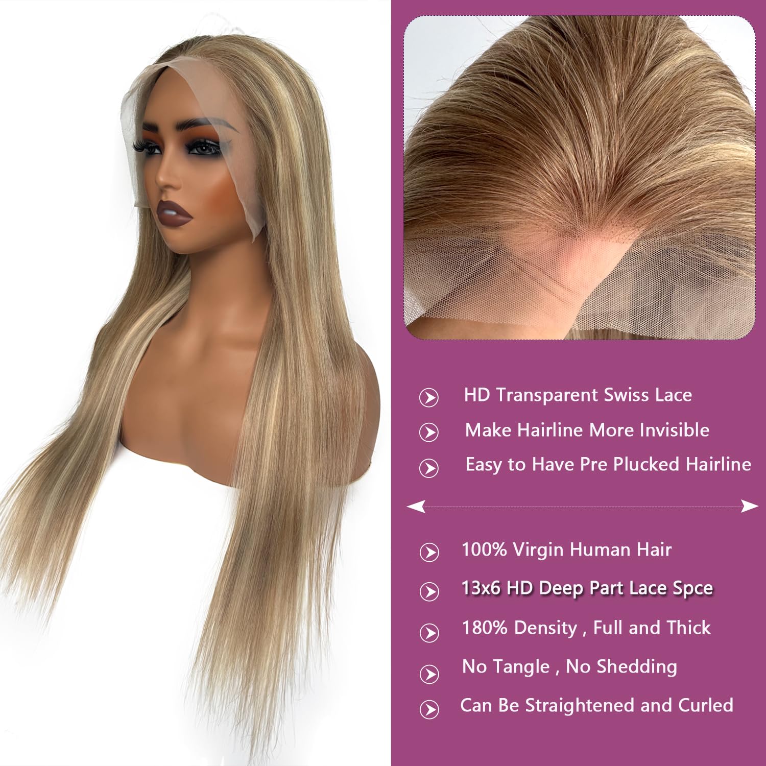 Ubetta 28 Inch Ash Brown to Ash Blonde Balayage Ombre HD Glueless Human Hair Wig 180% Density - Image 3
