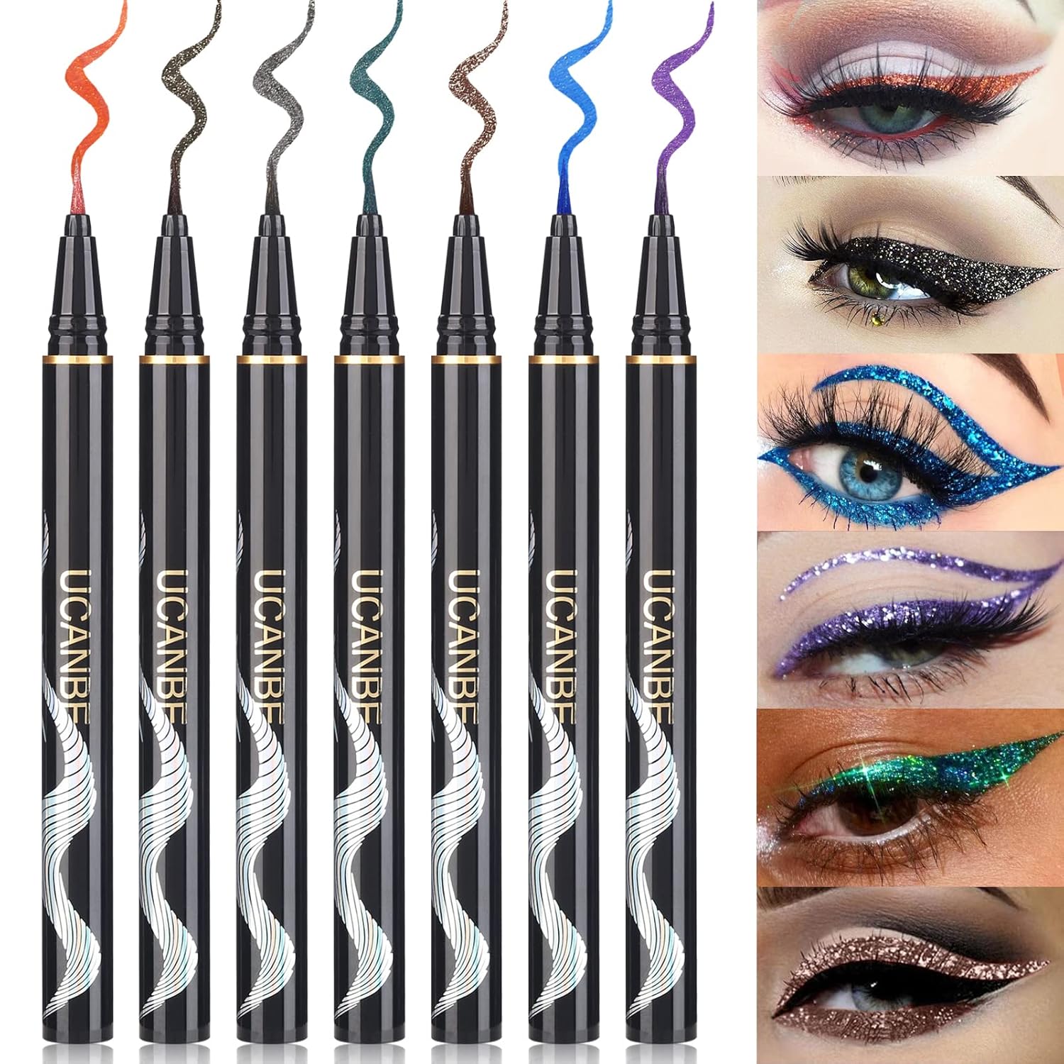 UCANBE 7 Colors Shimmer Liquid Eyeliner Makeup Set, Metallic Satin Finish Colorful Sparkling Eye Liner Pen, Long Lasting High Pigmented with Waterproof & Smudge Proof Formula