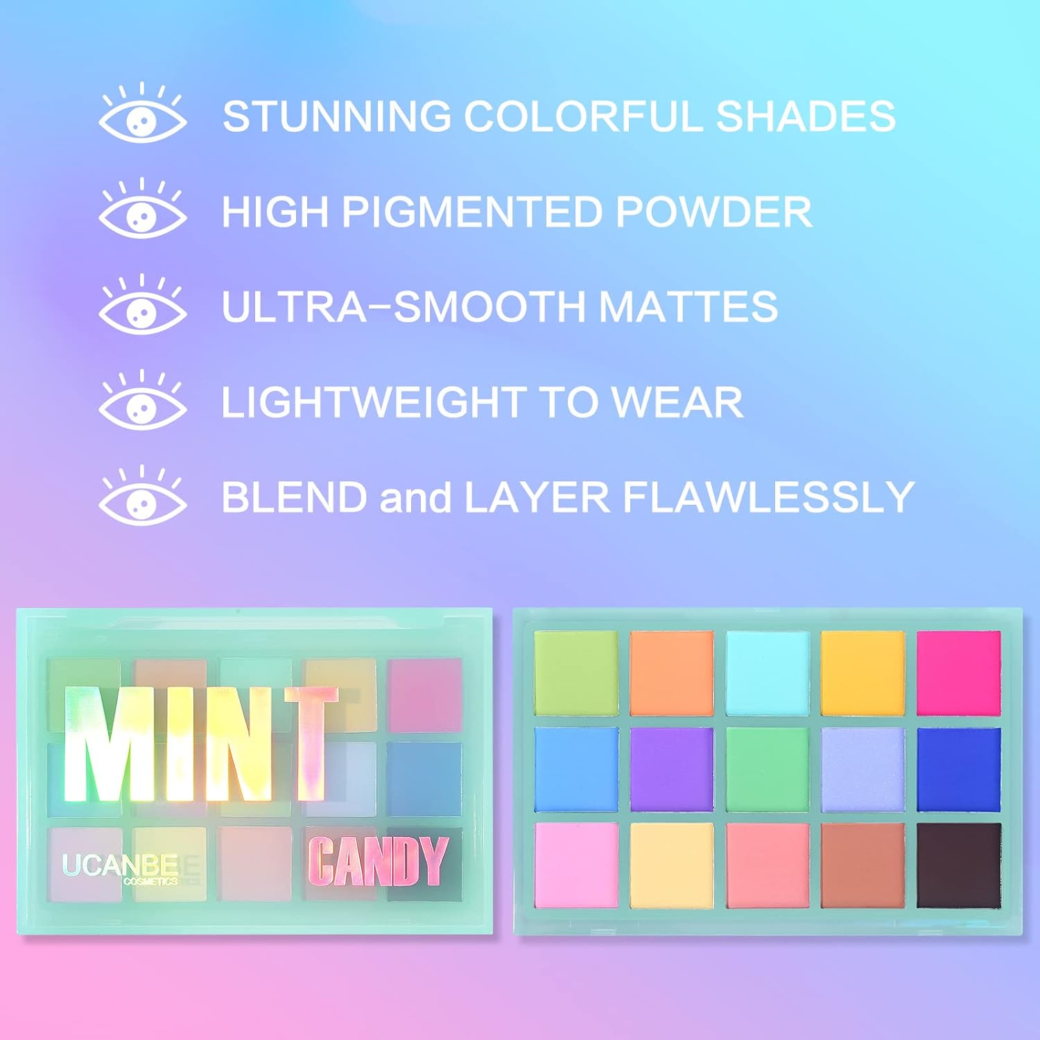 UCANBE Colorful Matte Makeup Eyeshadow Palette, 15 Shades Vibrant MACARON Pastel Eye Shadow Pallet, High Pigmented Blendable Rainbow Make Up Plattet Kit - Mint Candy - Image 2