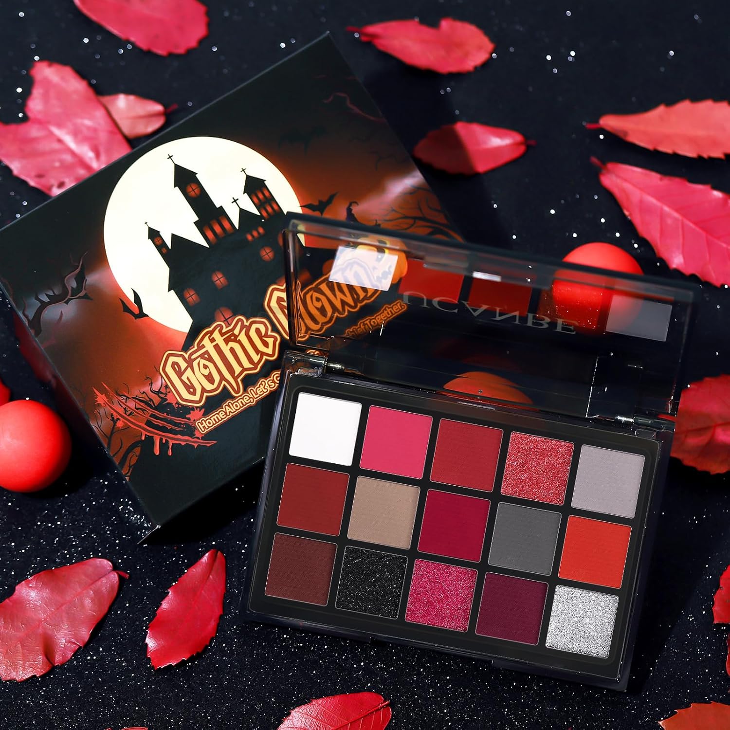 UCANBE Red Eyeshadow Makeup Palette, 15 Colors Burgunry Gray Silver Shimmer Matte Glitter Metallic Eye Shadow Pallet, Pigmented Make Up Kit for Halloween Parties Christmas Joker Vampire Clown - Image 6