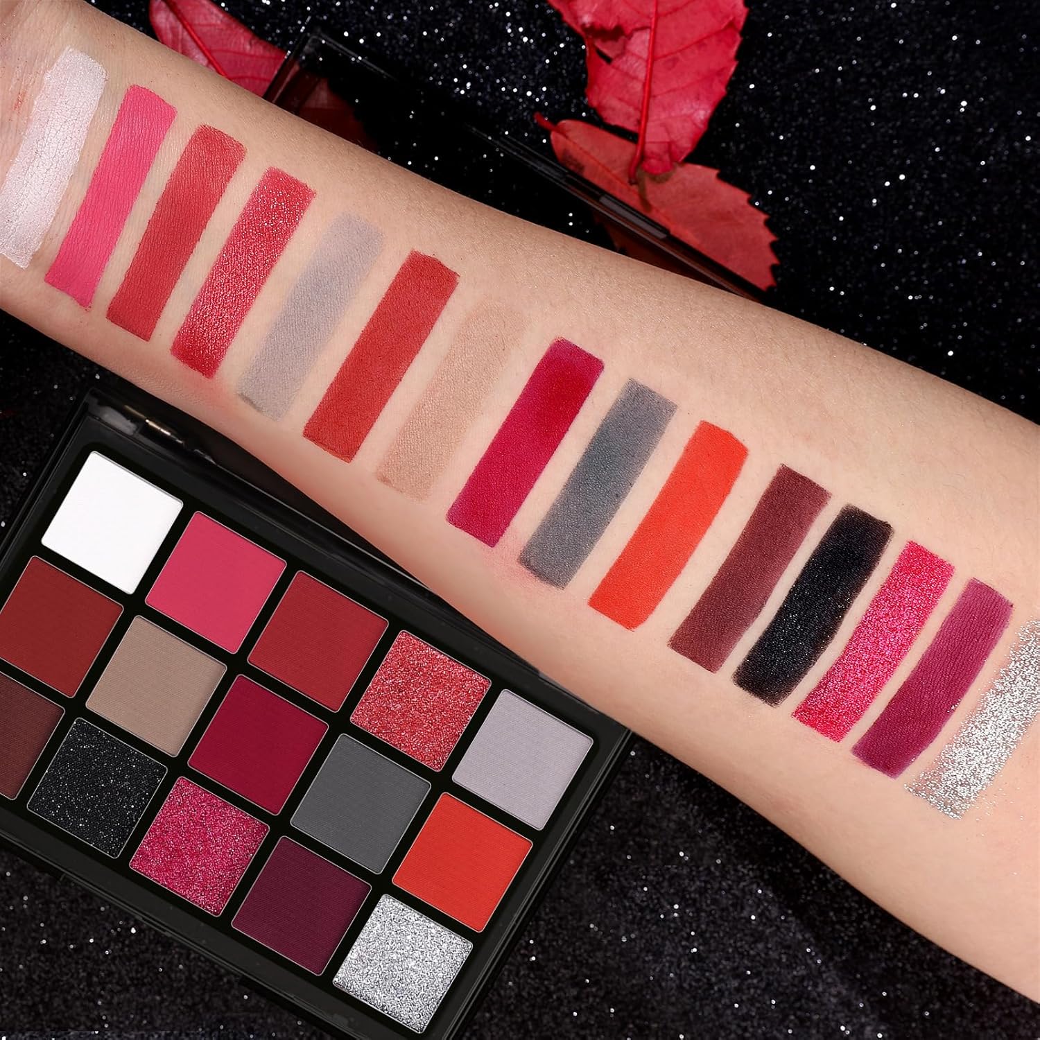 UCANBE Red Eyeshadow Makeup Palette, 15 Colors Burgunry Gray Silver Shimmer Matte Glitter Metallic Eye Shadow Pallet, Pigmented Make Up Kit for Halloween Parties Christmas Joker Vampire Clown - Image 4