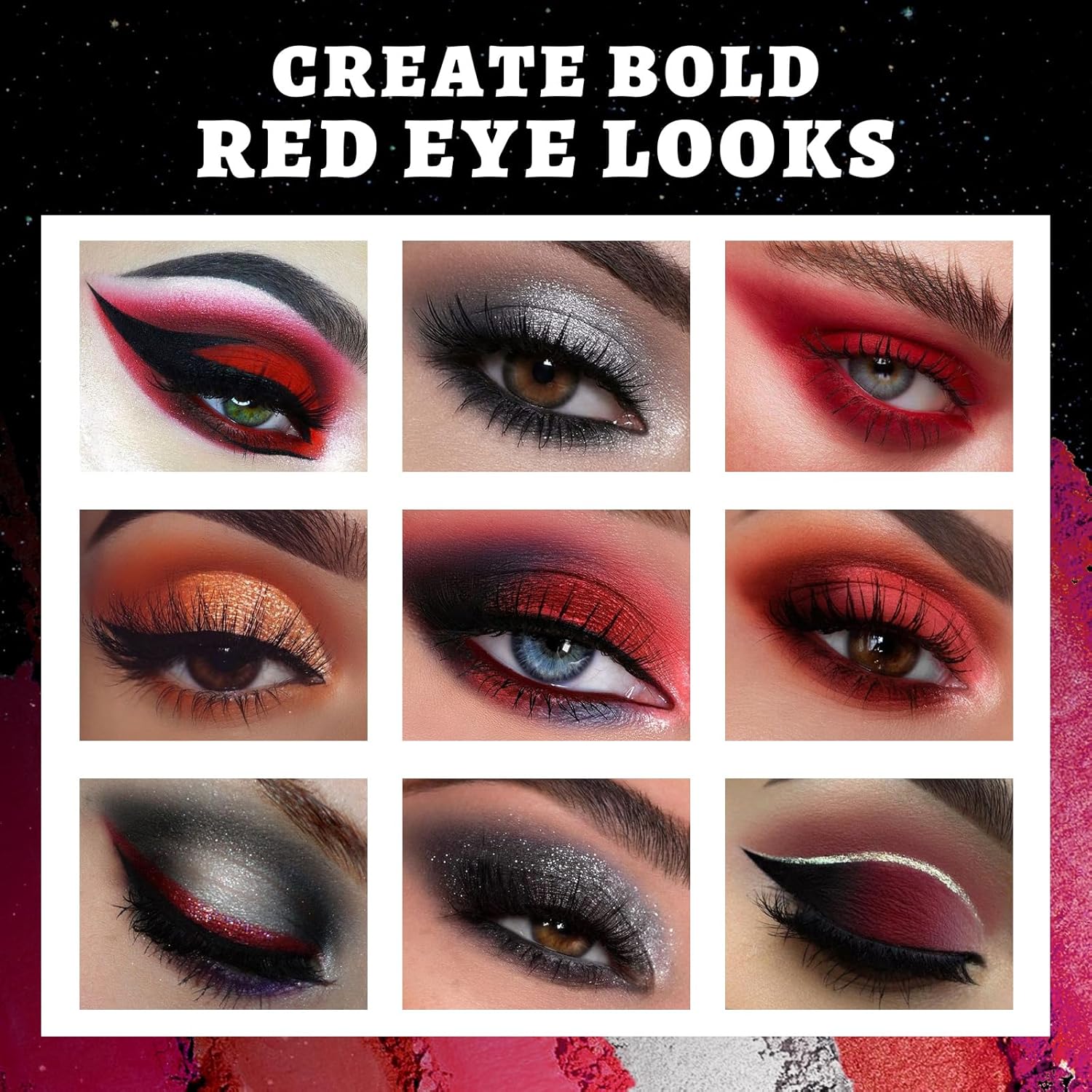 UCANBE Red Eyeshadow Makeup Palette, 15 Colors Burgunry Gray Silver Shimmer Matte Glitter Metallic Eye Shadow Pallet, Pigmented Make Up Kit for Halloween Parties Christmas Joker Vampire Clown - Image 3