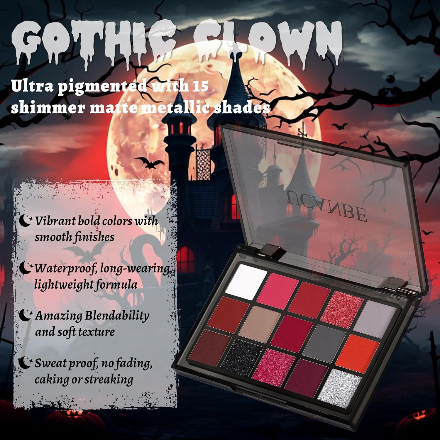 UCANBE Red Eyeshadow Makeup Palette, 15 Colors Burgunry Gray Silver Shimmer Matte Glitter Metallic Eye Shadow Pallet, Pigmented Make Up Kit for Halloween Parties Christmas Joker Vampire Clown - Image 2