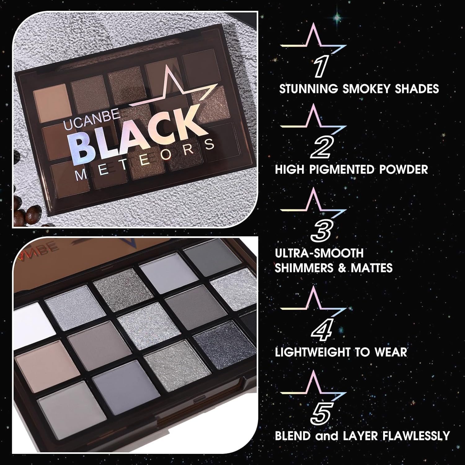 UCANBE Smokey Black Eyeshadow Palette, 15 Colors Dark Shimmer Matte Metallic Makeup Pallet, High Pigmented Gray Silver Sombras De Ojos Kit for Daily and Halloween - Image 2