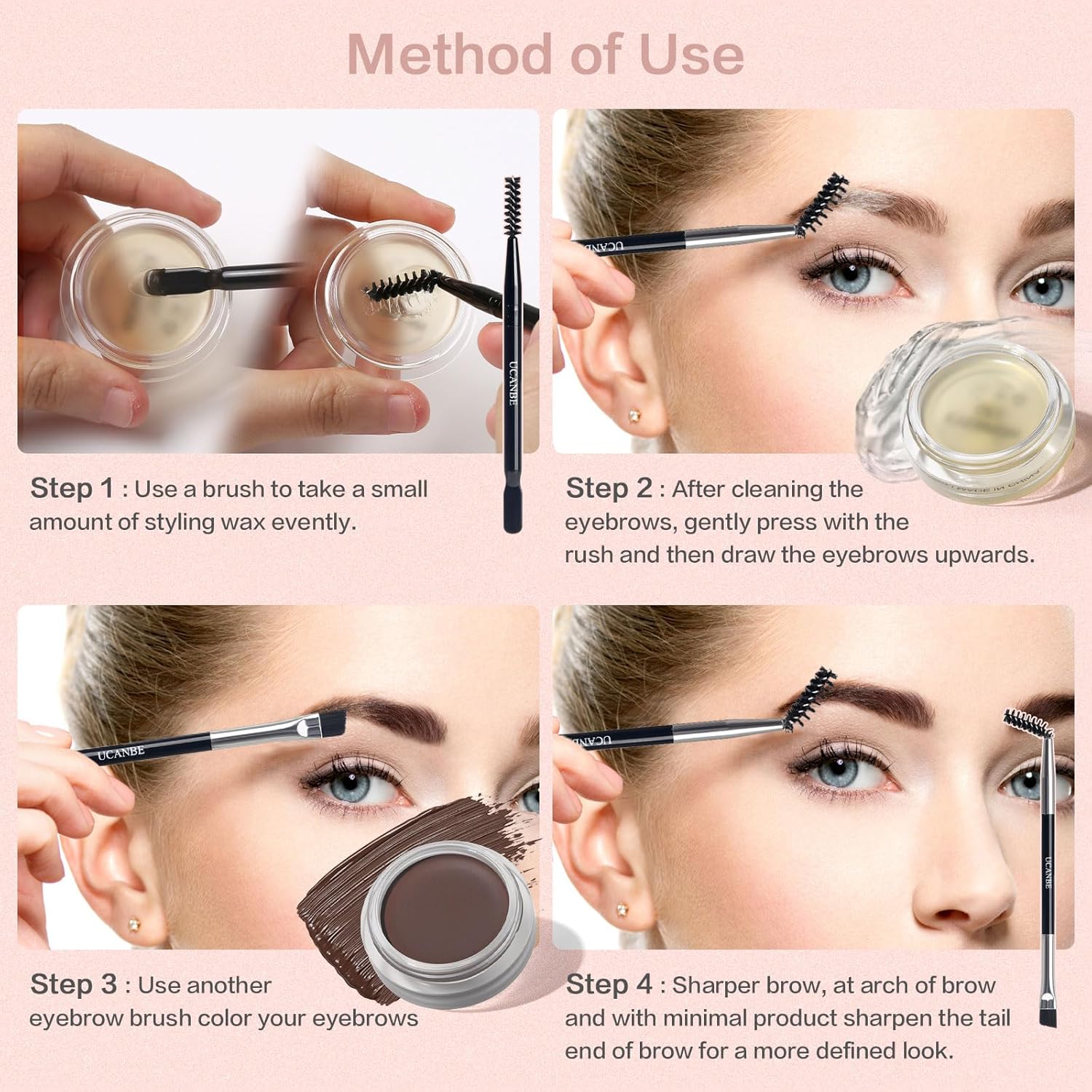 UCANBE Waterproof Eyebrow Gel + Eyebrow Styling Wax 2 in 1 Makeup Kit with 2 Pcs Dual-ended Adjustable Freely Eyebrow Brush Makeup Long Lasting Eyebrows (01 Gel/Brown Pomade, Standard) - Image 5