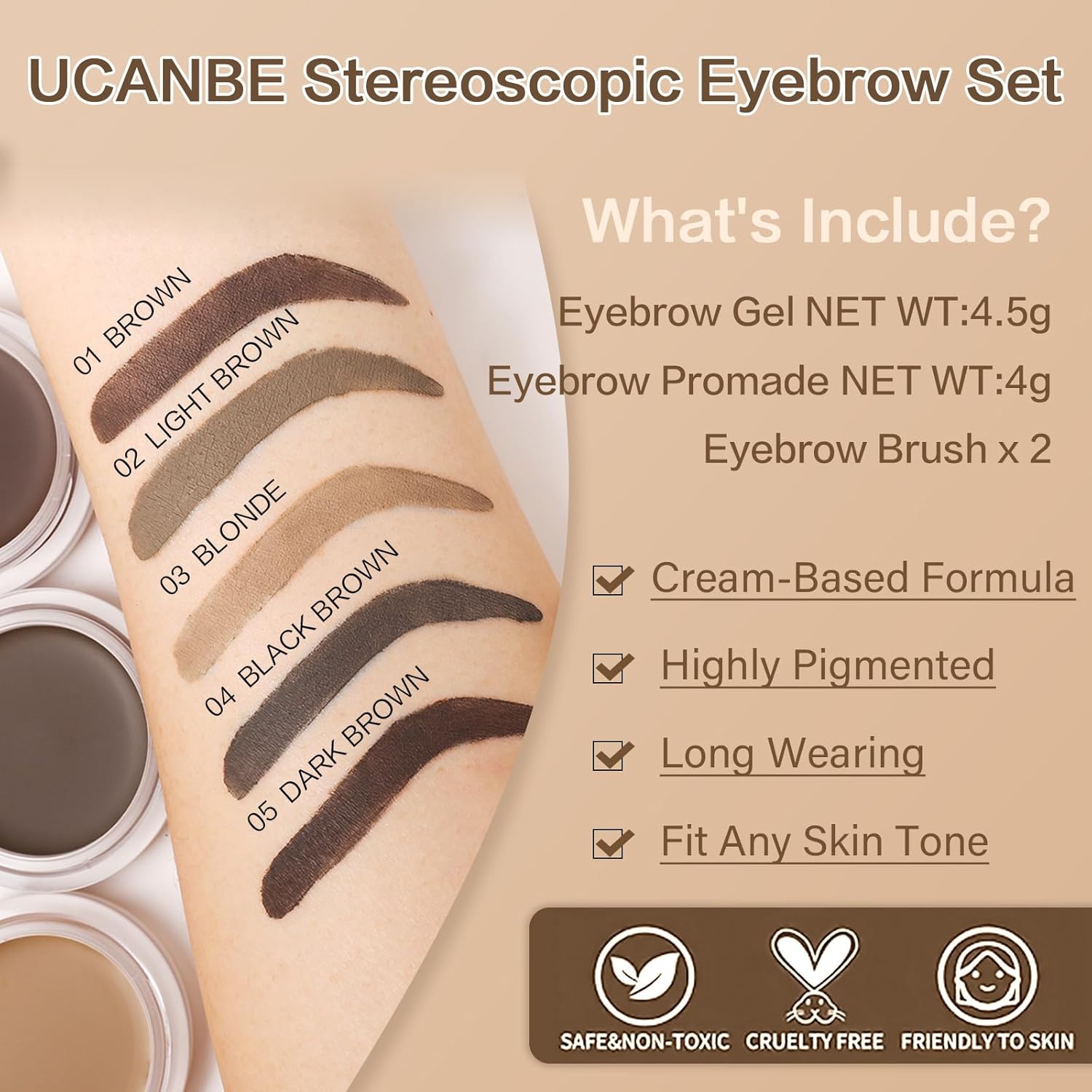 UCANBE Waterproof Eyebrow Gel + Eyebrow Styling Wax 2 in 1 Makeup Kit with 2 Pcs Dual-ended Adjustable Freely Eyebrow Brush Makeup Long Lasting Eyebrows (01 Gel/Brown Pomade, Standard) - Image 3