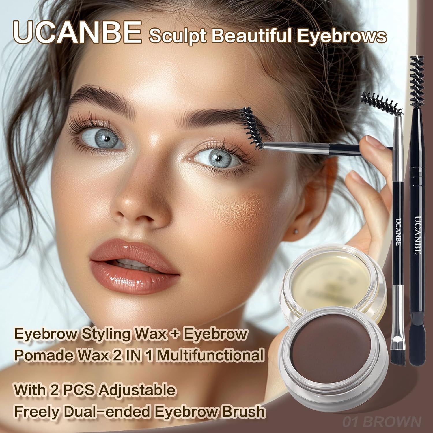 UCANBE Waterproof Eyebrow Gel + Eyebrow Styling Wax 2 in 1 Makeup Kit with 2 Pcs Dual-ended Adjustable Freely Eyebrow Brush Makeup Long Lasting Eyebrows (01 Gel/Brown Pomade, Standard) - Image 2