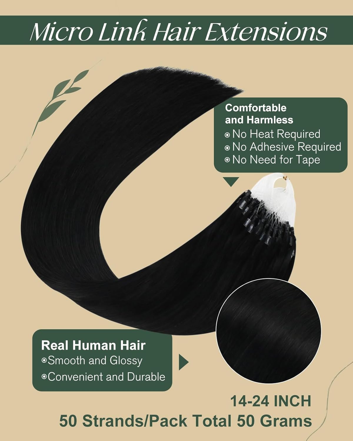 Ugeat Black Microlink Hair Extensions Human Hair Jet Black Micro Bead Hair Extensions Real Human Hair Invisible Micro Loop No Glue Needed by Cold Fusion for Women Long Length 24 Inch 50G 50S - Image 2