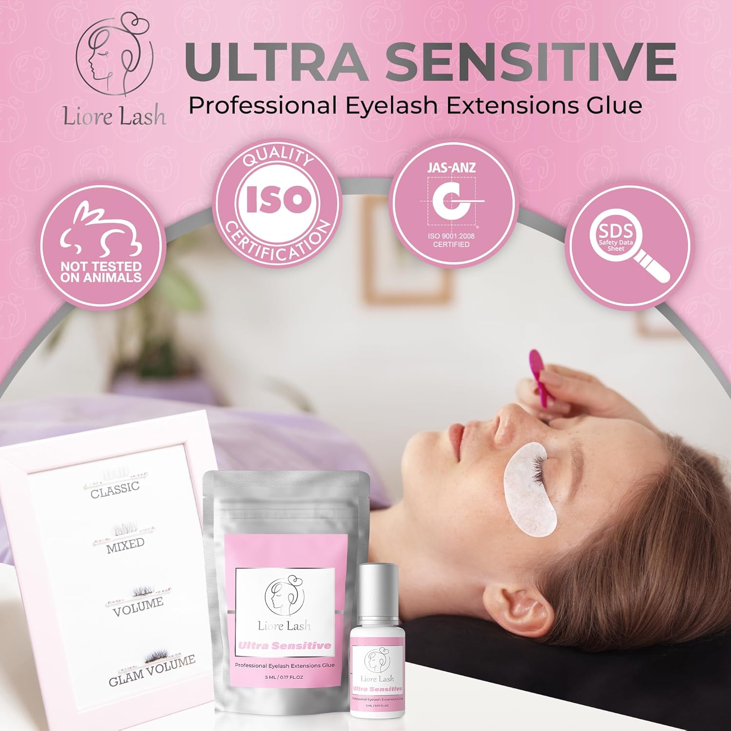 Ultra Sensitive Eyelash Extension Glue Liore Lash/Retention – 3-4 Weeks/No Burn No Irritation Lash Glue/Black Adhesive/Professional Supplies for Classic/Volume Lashes (0.17fl.oz / 5ml) - Image 4