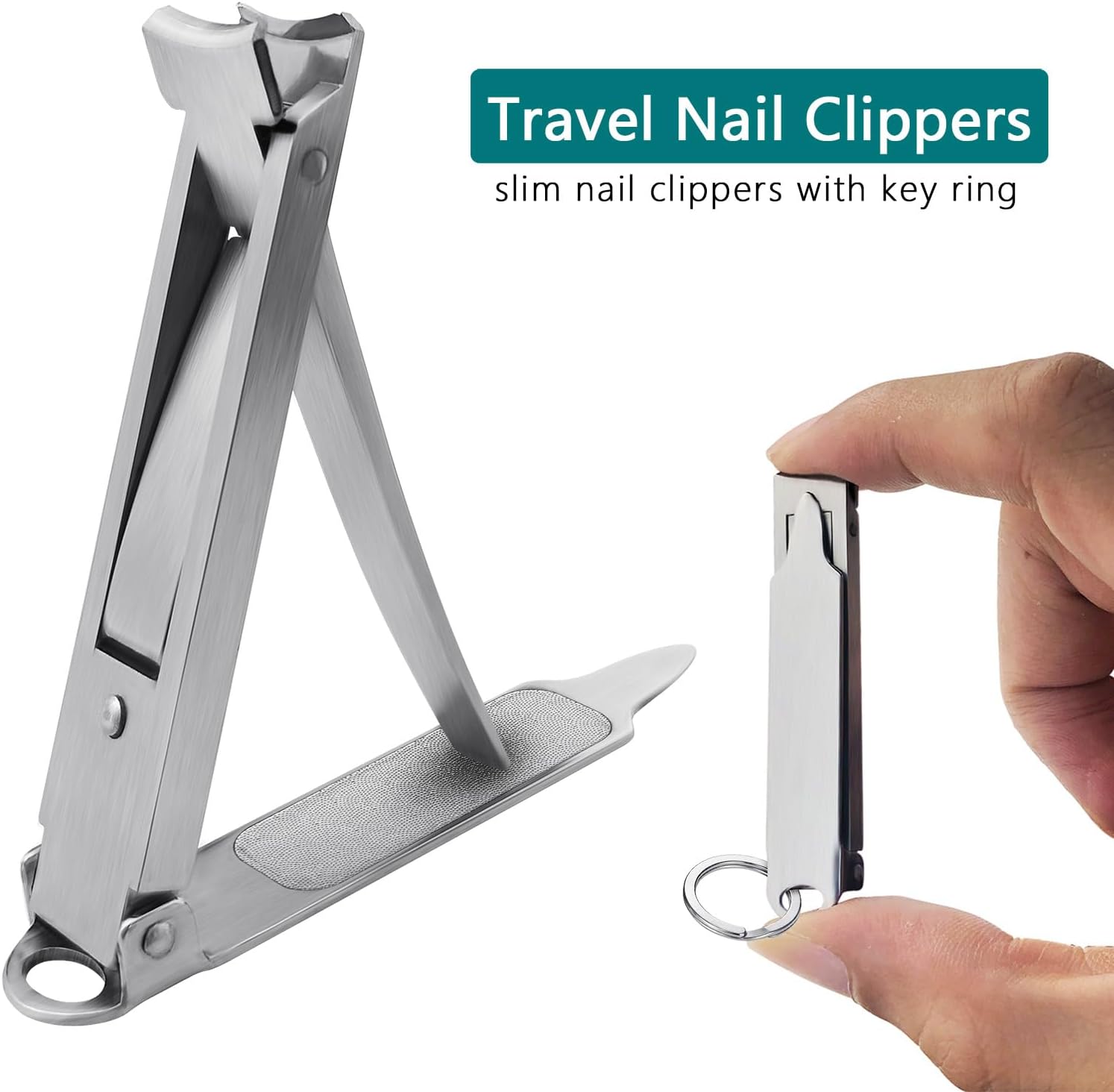 Ultra Thin Portable Fingernail Clipper Small Pocket Folding Nail Clippers, Wide Jaw Cutter with Keychain Curved Trimmer, Flip Open Brushed Finish (Small-Brushed) - Image 4