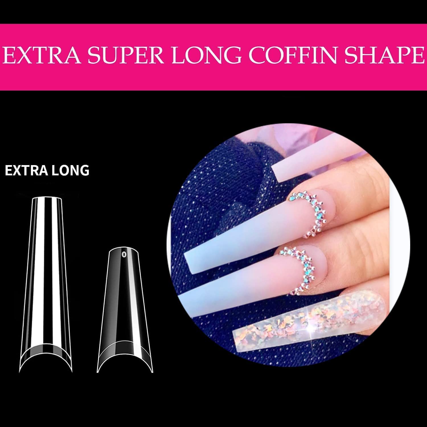UNA GELLA Coffin Fake Nails Tips Extra Long 216 PCS XXL Coffin Acrylic Fake False Nails Tips Long Ballerina Nail Tips with Box for Nail Salons and Home DIY, 12 Sizes - Image 3