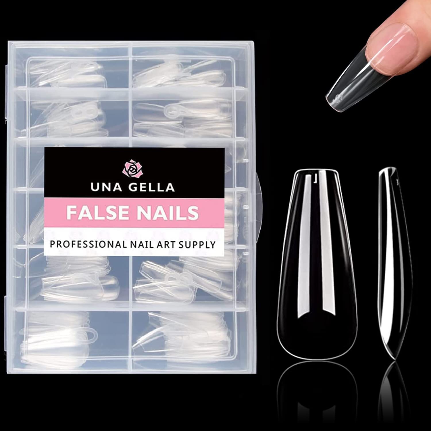 UNA GELLA Long Coffin Nail Tips, 216pcs Clear Long Coffin Gel Nail Tips False Fake Press on Nails Tips Full Cover Acrylic Nails Coffin Shaped For Nail Extension DIY Salon Soft Gel Tips 12 Sizes