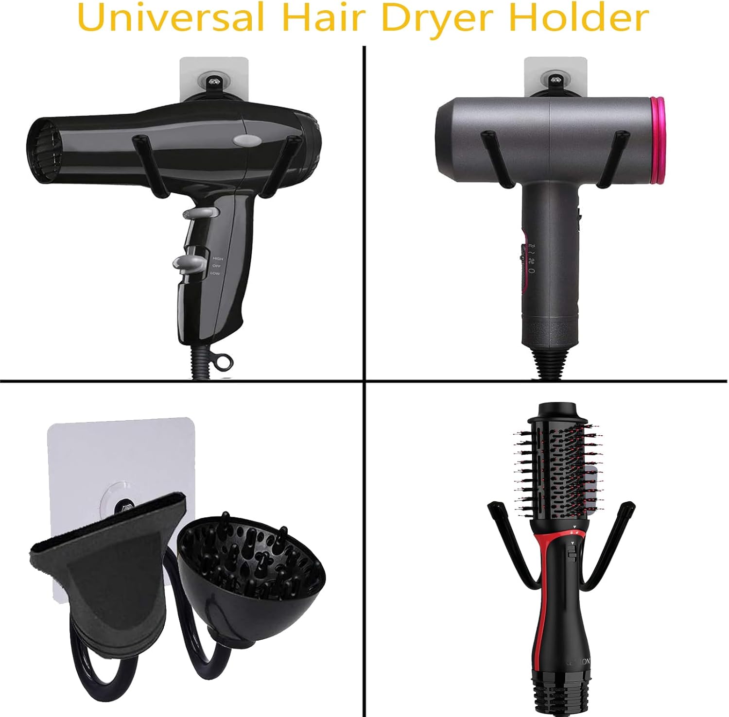 Universal Hair Dryer Holder, Blow Dryer Hanger Hook Wall Mount for Hair Dryer, Towels, Flat Iron,Hair Straightener &Cord Organizer for Cabinet Bathroom - Self Adhesive/Drilling - 2 Pack - Image 8