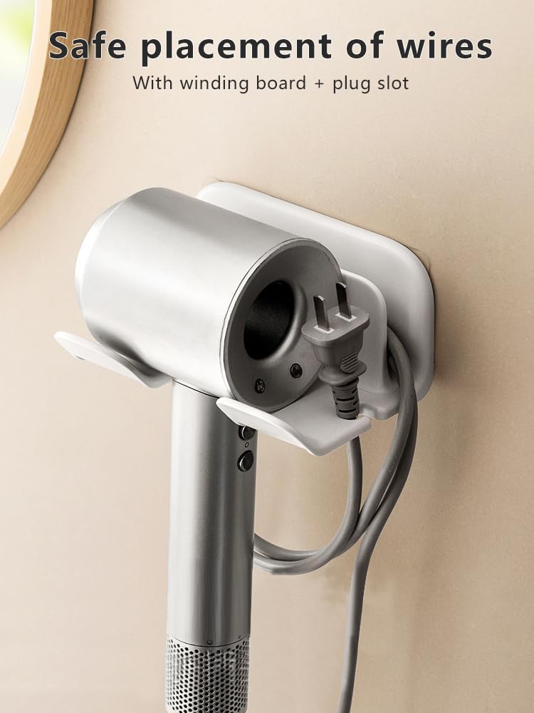 Universal Hair Dryer Holder, Blow Dryer Hanger Wall Mount for Hair Dryer Hook with Plug&Cord Organizer Self Adhesive for Cabinet Bathroom |White | 5x4 Inch - Image 2