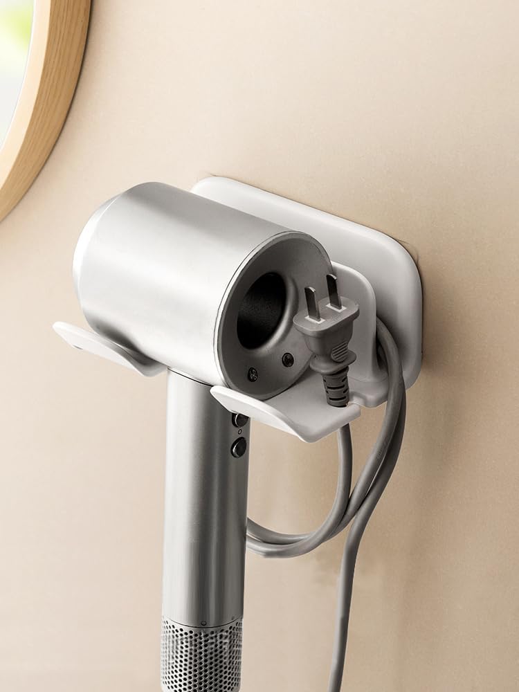 Universal Hair Dryer Holder, Blow Dryer Hanger Wall Mount for Hair Dryer Hook with Plug&Cord Organizer Self Adhesive for Cabinet Bathroom |White | 5x4 Inch