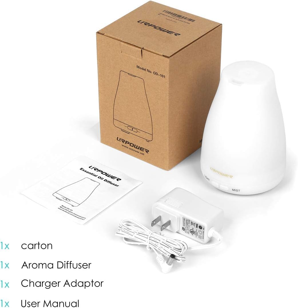 URPOWER 2nd Version Essential Oil Diffuser with Adjustable Mist Mode Waterless Auto Shut-Off and 7 Color LED Lights for Home Office, One Size (Pack of 1), White - Image 6
