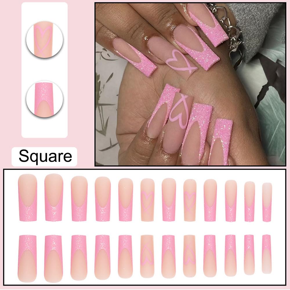 Valentine's Day Press on Nails Long Square BAOYAALIN, Pink Glitter Fake Nails with Heart Design Gel Glue on Nails for Women Girls Full Cover Acrylic Artificial False Stick on Nail for Wedding 24Pcs - Image 2