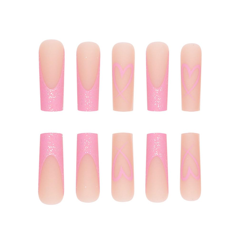 Valentine's Day Press on Nails Long Square BAOYAALIN, Pink Glitter Fake Nails with Heart Design Gel Glue on Nails for Women Girls Full Cover Acrylic Artificial False Stick on Nail for Wedding 24Pcs - Image 3