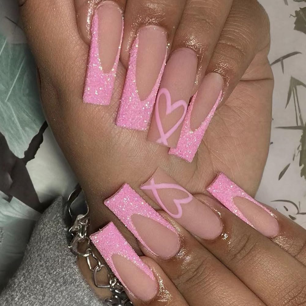 Valentine's Day Press on Nails Long Square BAOYAALIN, Pink Glitter Fake Nails with Heart Design Gel Glue on Nails for Women Girls Full Cover Acrylic Artificial False Stick on Nail for Wedding 24Pcs