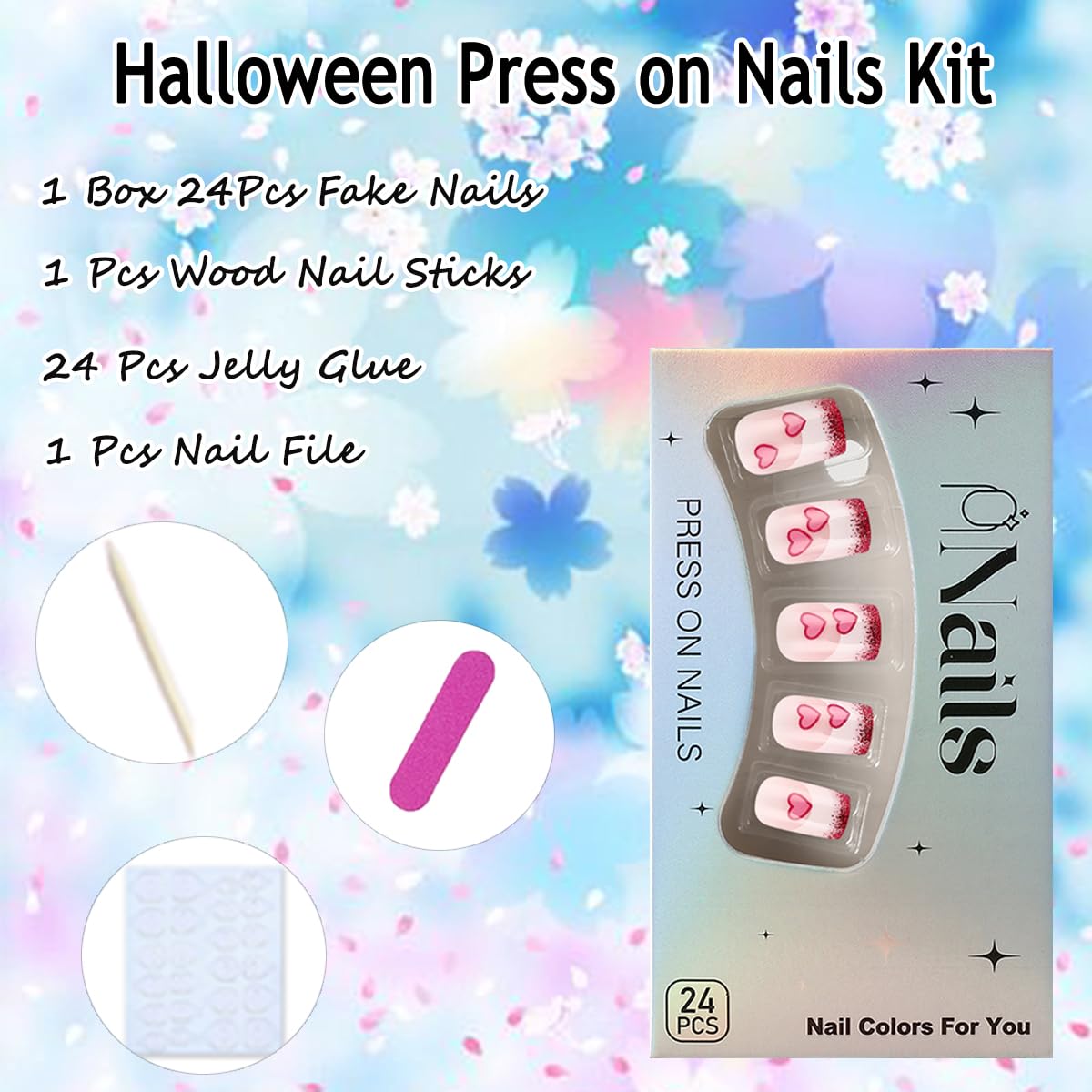 Valentines Nails Press on Nails Short Square Heart Fake Nails with Designs Pink White Glitter French Tip Glue on Nails Valentine's Day Acrylic Nails Cute False Nails for Women Manicure 24Pcs - Image 4