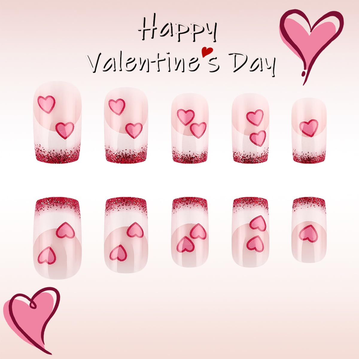 Valentines Nails Press on Nails Short Square Heart Fake Nails with Designs Pink White Glitter French Tip Glue on Nails Valentine's Day Acrylic Nails Cute False Nails for Women Manicure 24Pcs - Image 3