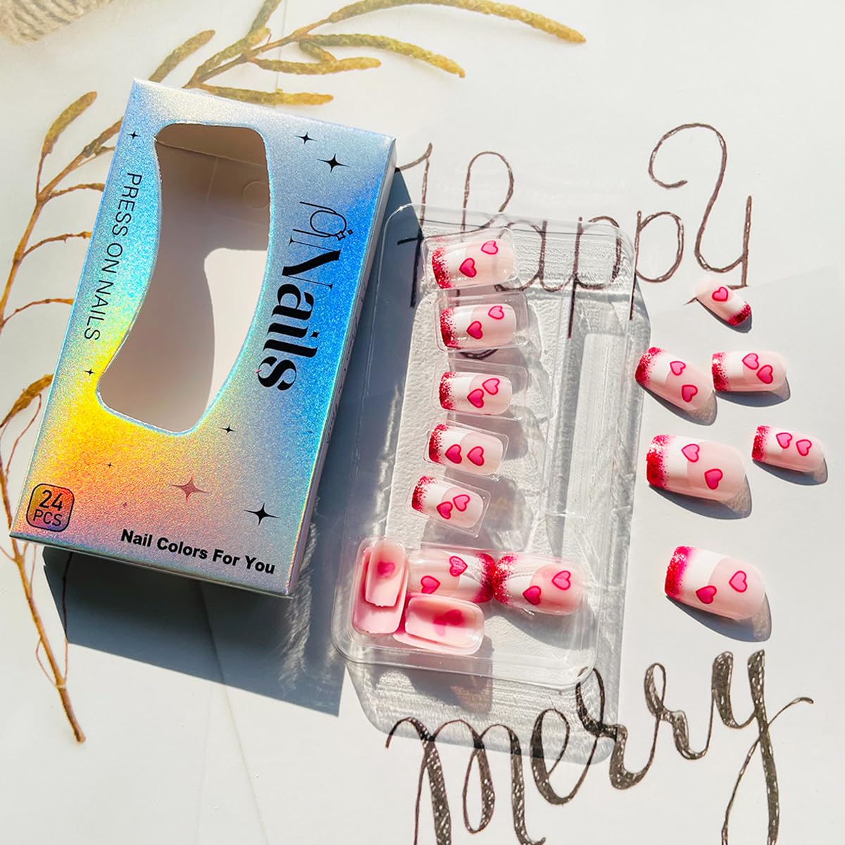 Valentines Nails Press on Nails Short Square Heart Fake Nails with Designs Pink White Glitter French Tip Glue on Nails Valentine's Day Acrylic Nails Cute False Nails for Women Manicure 24Pcs - Image 2