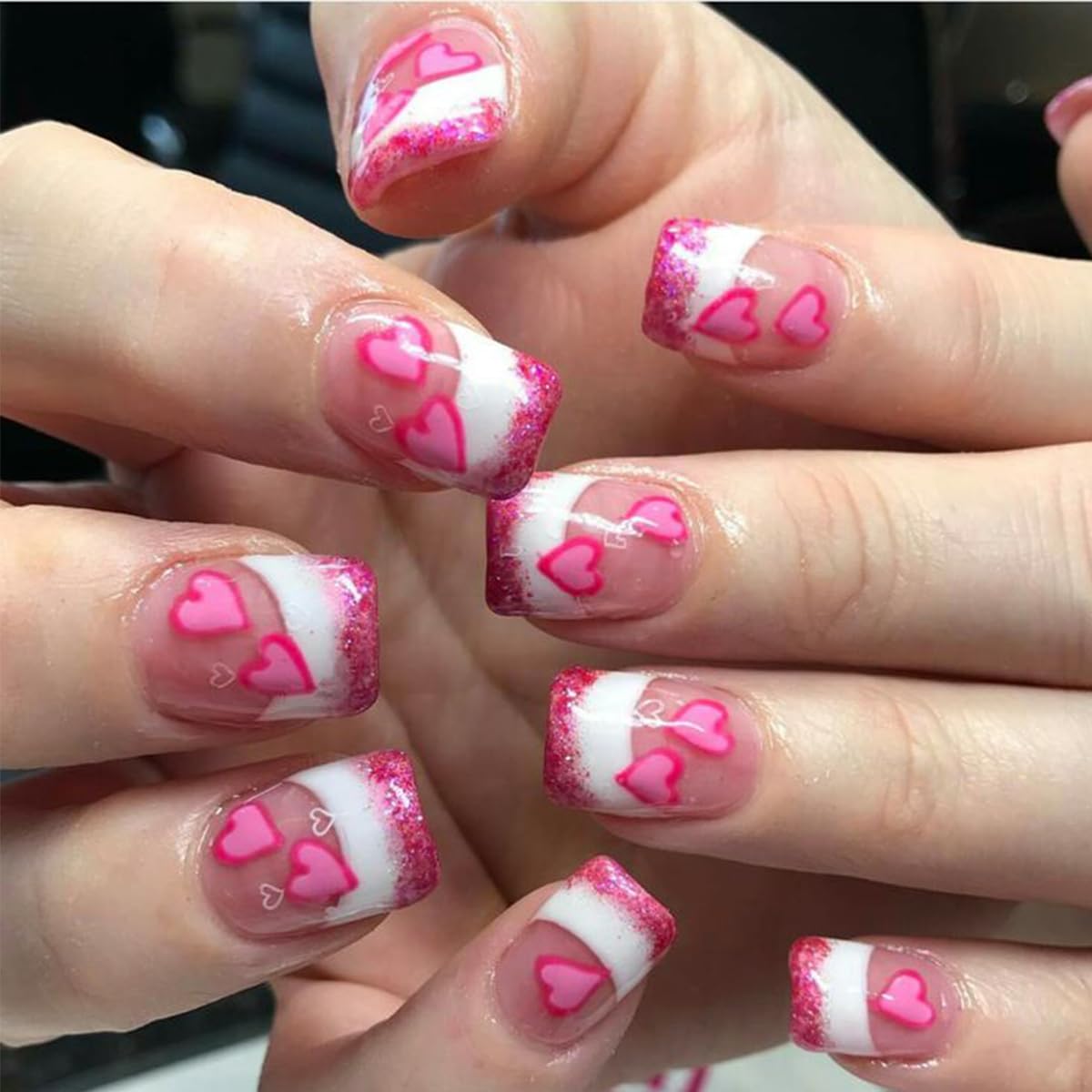Valentines Nails Press on Nails Short Square Heart Fake Nails with Designs Pink White Glitter French Tip Glue on Nails Valentine's Day Acrylic Nails Cute False Nails for Women Manicure 24Pcs