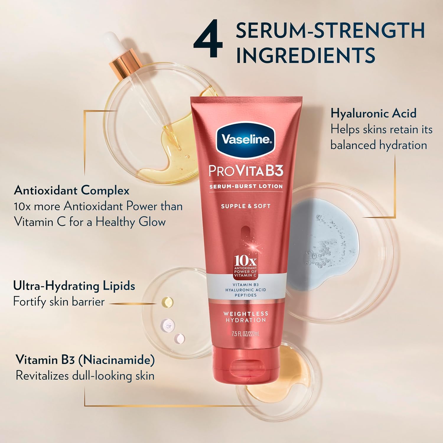 Vaseline Pro VitaB3 Serum Burst Lotion Supple & Soft Healthy, Hydrated Skin, Lightweight 10x Antioxidant Power of Vitamin C with Vitamin B3, Hyaluronic Acid & Peptides, 7.5 fl oz - Image 4