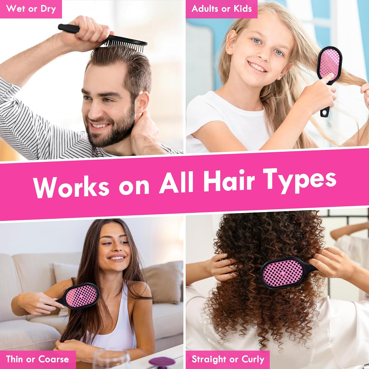 Vented Detangling Hair Brush - 2 Pack Detangler Hairbrush for Effortless Tangle Removal - Ultra-Soft Bristles -For Natural Curly Straight Wet Dry Damaged Hair for Women Men Kids - Black & Pink - Image 6