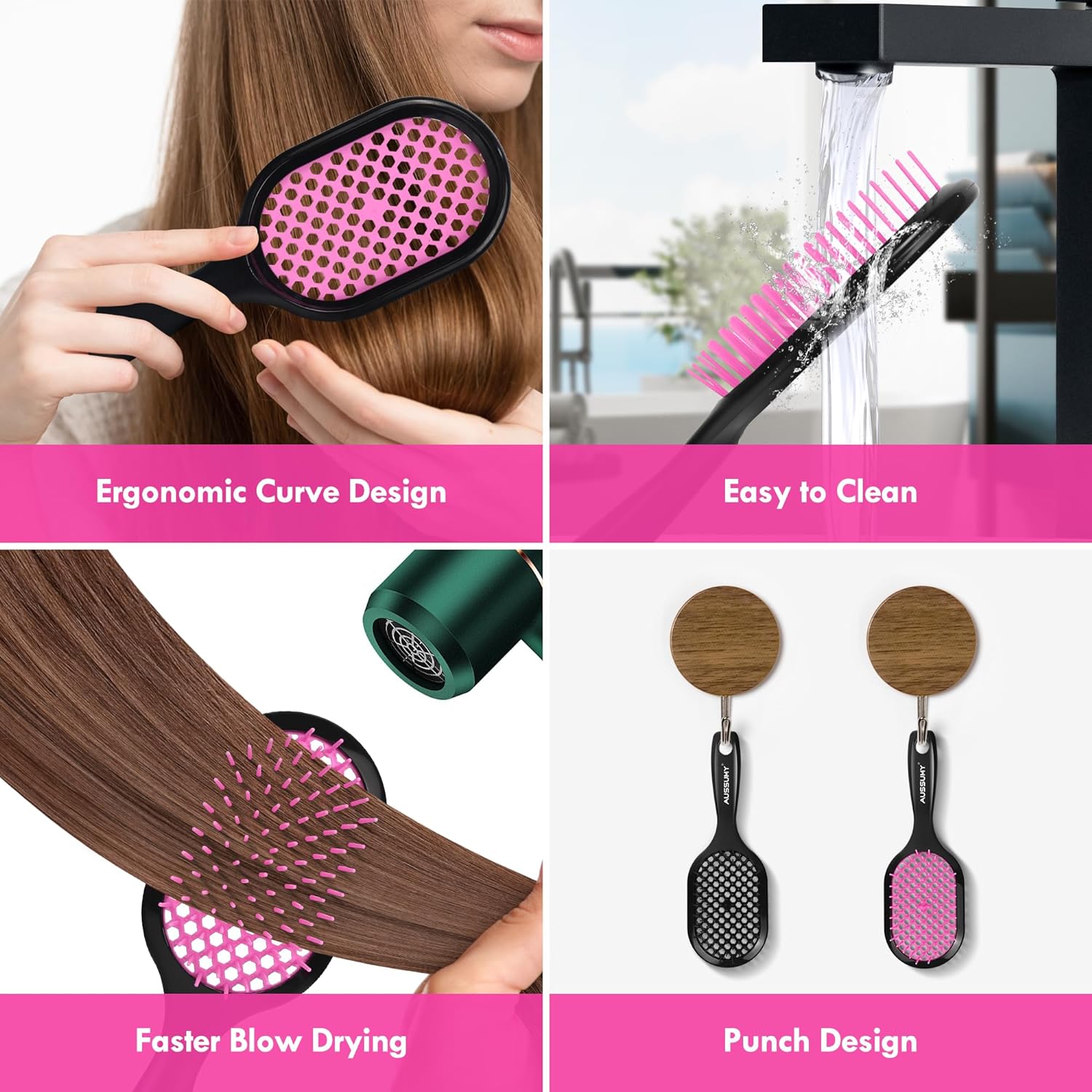 Vented Detangling Hair Brush - 2 Pack Detangler Hairbrush for Effortless Tangle Removal - Ultra-Soft Bristles -For Natural Curly Straight Wet Dry Damaged Hair for Women Men Kids - Black & Pink - Image 5