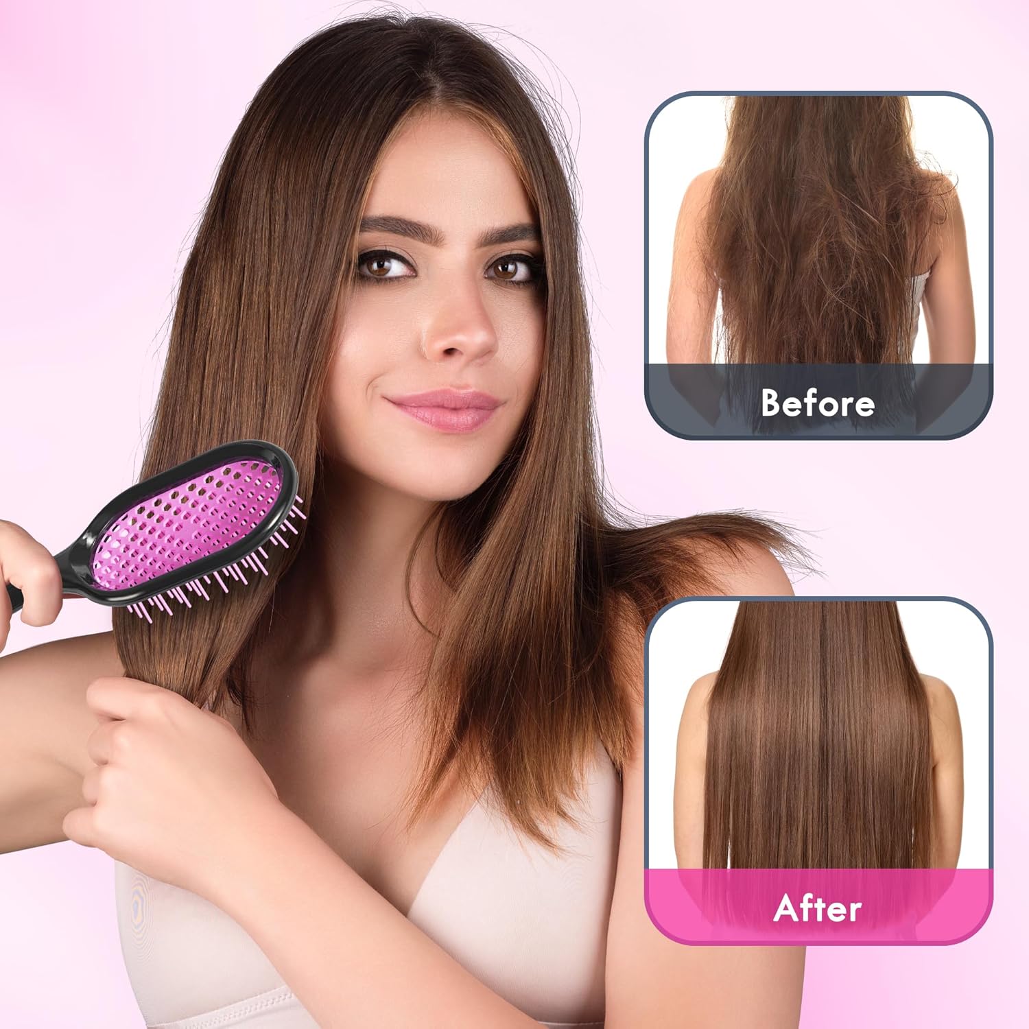 Vented Detangling Hair Brush - 2 Pack Detangler Hairbrush for Effortless Tangle Removal - Ultra-Soft Bristles -For Natural Curly Straight Wet Dry Damaged Hair for Women Men Kids - Black & Pink - Image 4