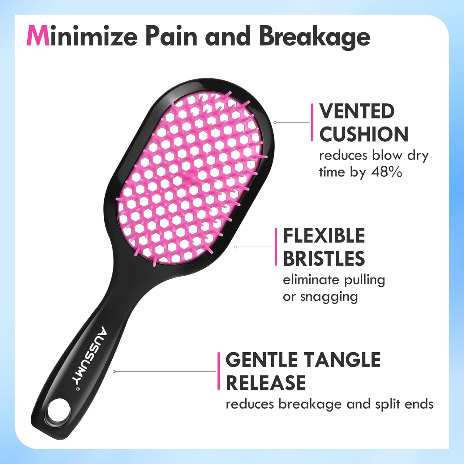 Vented Detangling Hair Brush - 2 Pack Detangler Hairbrush for Effortless Tangle Removal - Ultra-Soft Bristles -For Natural Curly Straight Wet Dry Damaged Hair for Women Men Kids - Black & Pink - Image 2