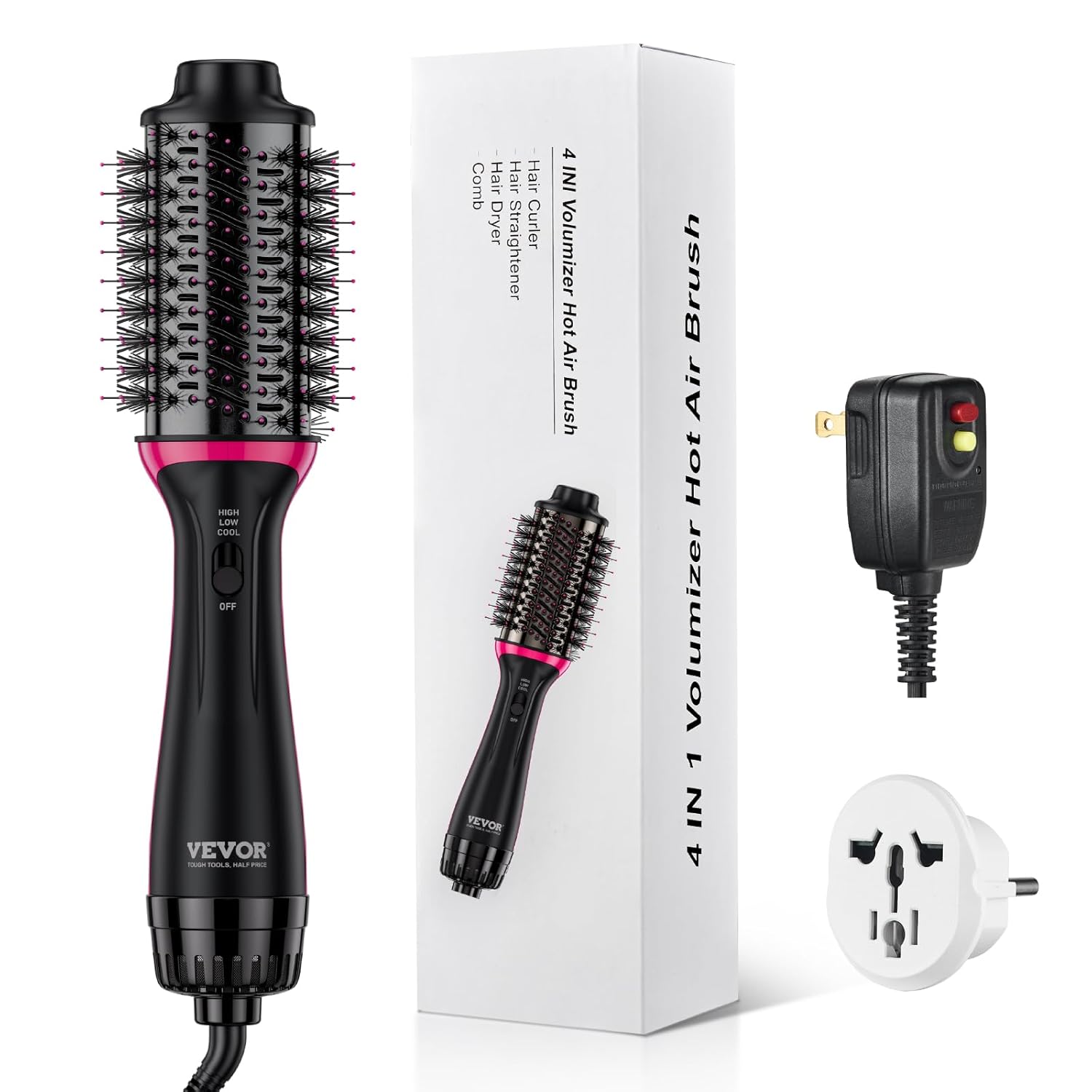 VEVOR Dual Voltage Hair Dryer Brush, 110V/240V Hair Dryer and Styler Volumizer with Negative Ion, Ceramic Titanium Barrel 65MM Oval Shape, Less Frizz & Heat Damage Hot Air Brush for European Travel