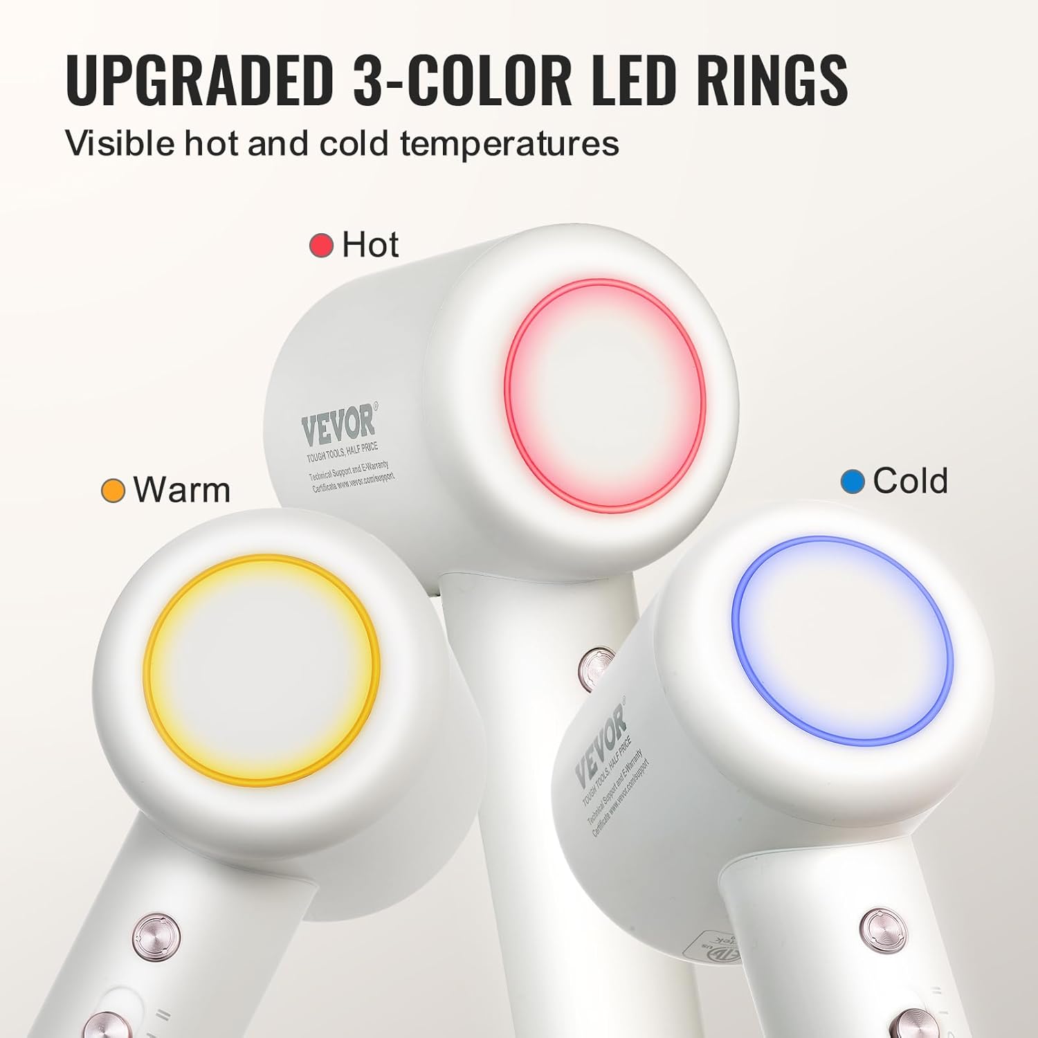 VEVOR High-Speed Hair Dryer with 102,000RPM Brushless Motor, 200 Million Negative Ions Hair Blow Dryer, 3-Color Temp LED Lights & 2 Speeds, Lightweight Hairdryer with Diffuser & Nozzle for Home Travel - Image 4